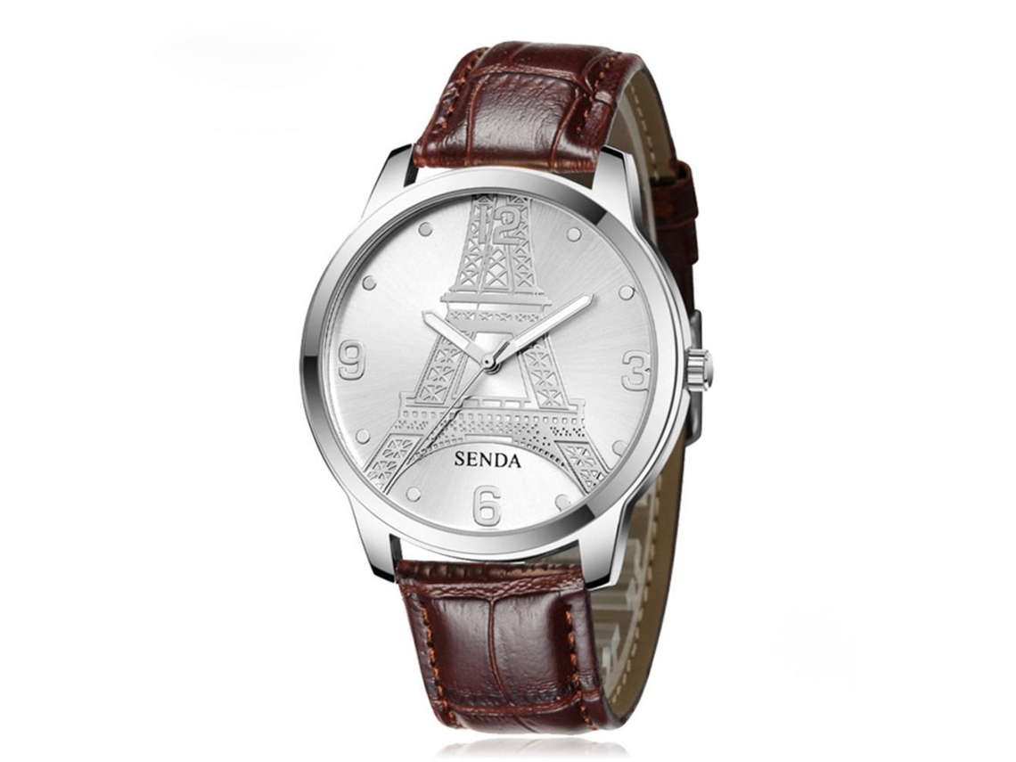 Reloj De Cuarzo Casual De Pareja Sendas Torre Eiffel (caja Plata, Dial Blanco, Correa Marrón)