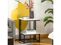 Mesa Baixa Moderna Para Sala Mesa Lateral Para Quarto Estrutura Em Aço Preto Bandeja E Prateleira Aspeto Mármore Branco.