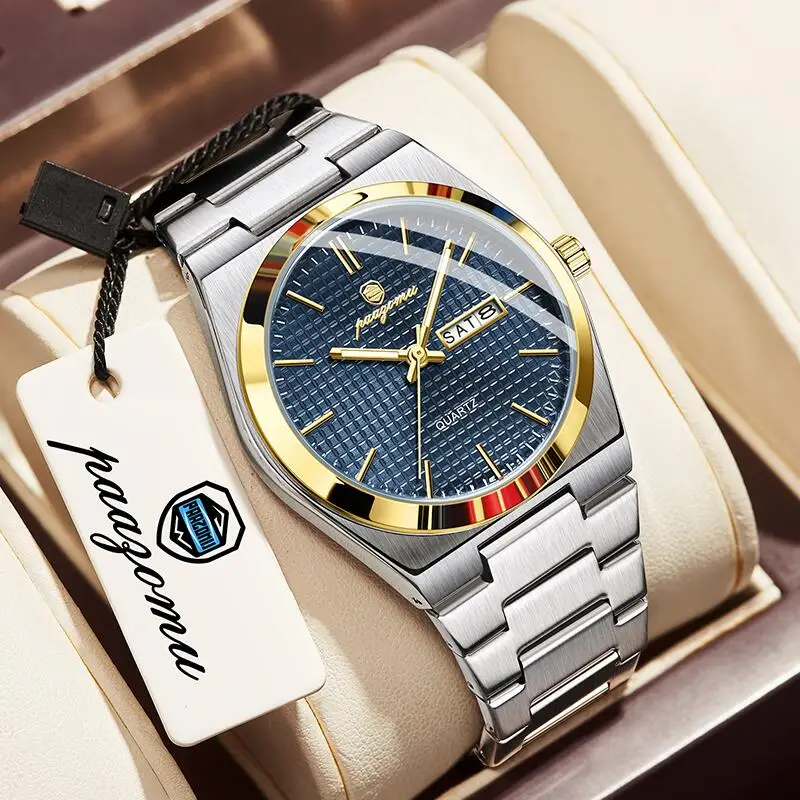 Relógio De Quartzo De Luxo (dourado E Azul), À Prova D'água, Com Data Luminosa.