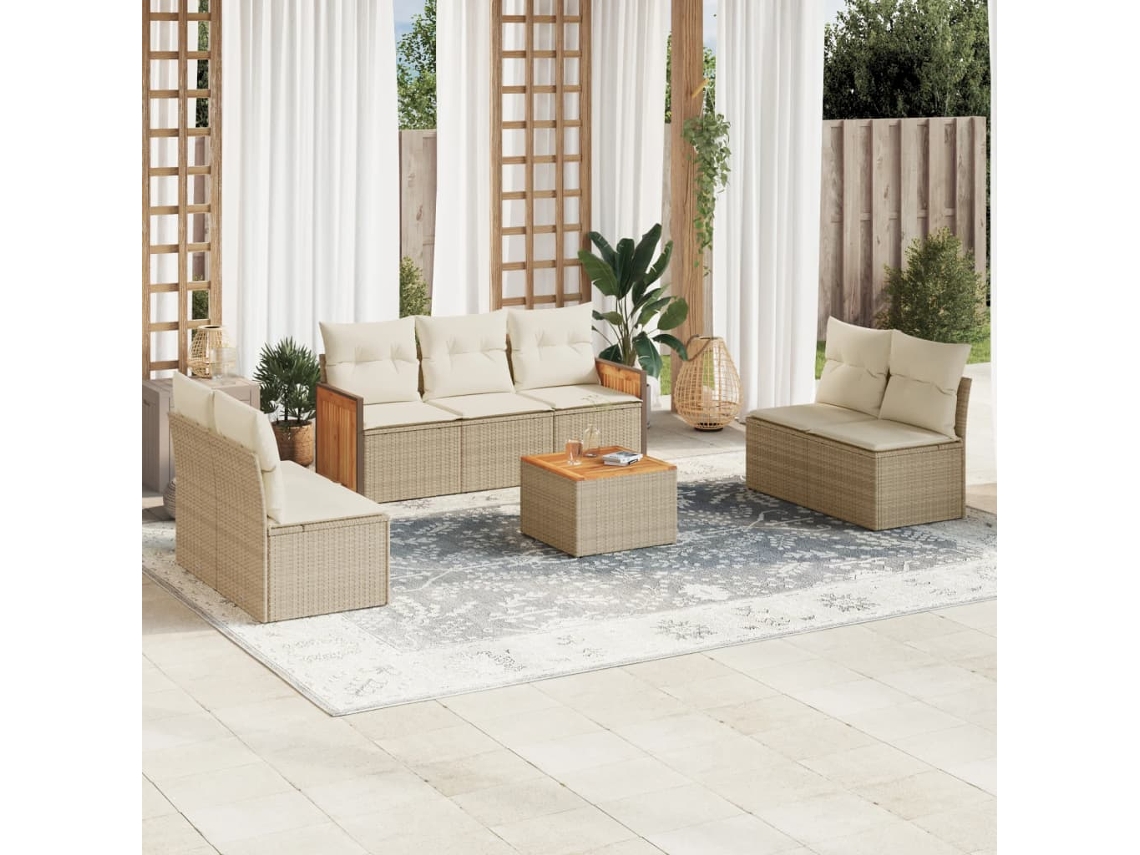 Vidaxl 8 Pcs Conjunto De Sofás P/ Jardim Com Almofadões Vime Pe Bege