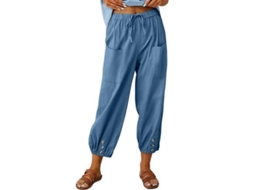 2026 calça Pantalona Larga Feminina de Linho Comprida Até o Tornozelo com Bolsos para Verão XL Azul