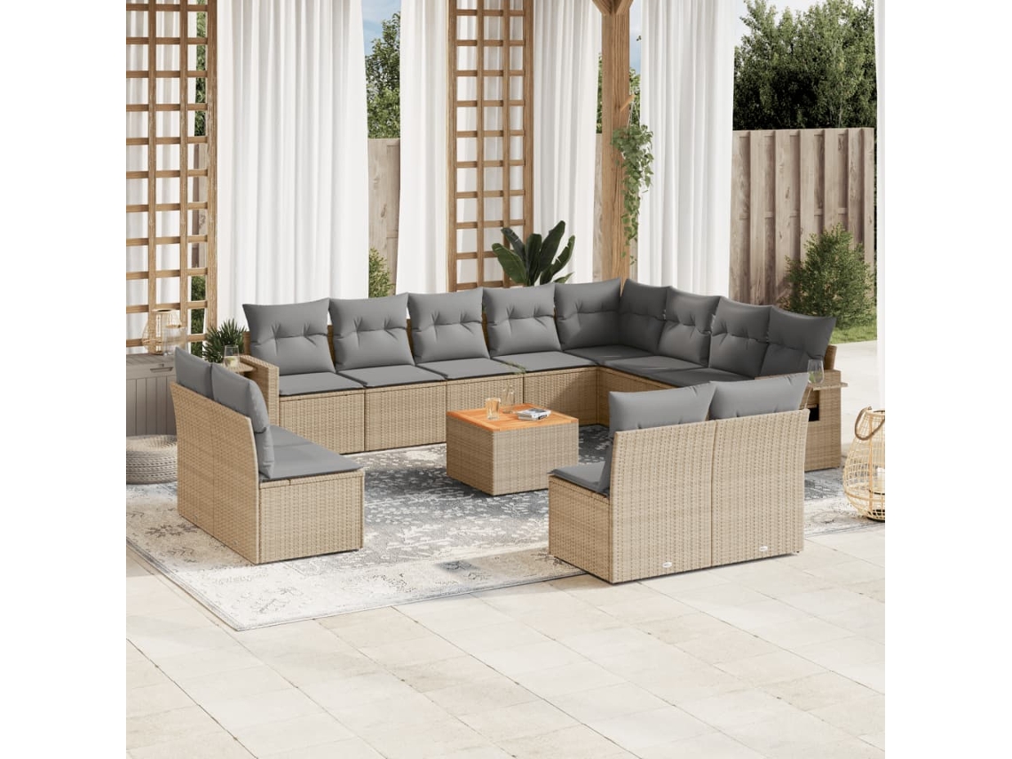 Vidaxl 13 Pcs Conj. Sofás Jardim C/ Almofadões Vime Pe Bege Misturado