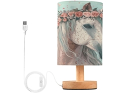 Abajur De Mesa Com Estampa Cavalos Cinza E Portas Usb Para Carregamento, Ideal Para Cabeceira De Quarto, Com Cúpula