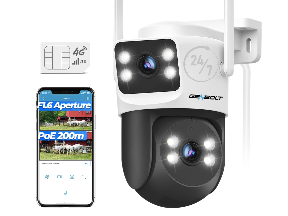 Genbolt Câmara Segurança  4g Lte Exterior, Sem Wi-fi, Lente Dupla, Poe, Sim, Gravação 24/7, Rastreamento Automático
