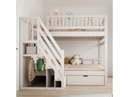 Cama Beliche Em Madeira Maciça 140x200cm Corrimão Alto, Estrado De Ripas, Escada Com Arrumação, Gavetas, Branco Estilo