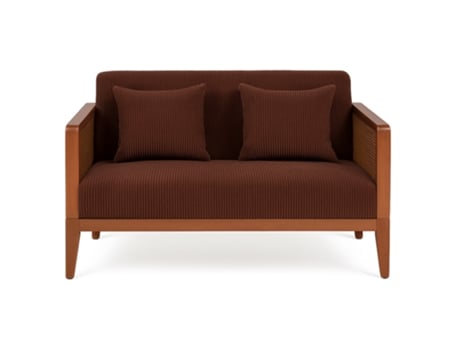 Boca Duo Sofá 2 Lugares 143x80x84,5 Cm Sofá Pequeno Em Madeira Maciça Nogal E Polirratã Com Almofadas Castanhas Frankystar