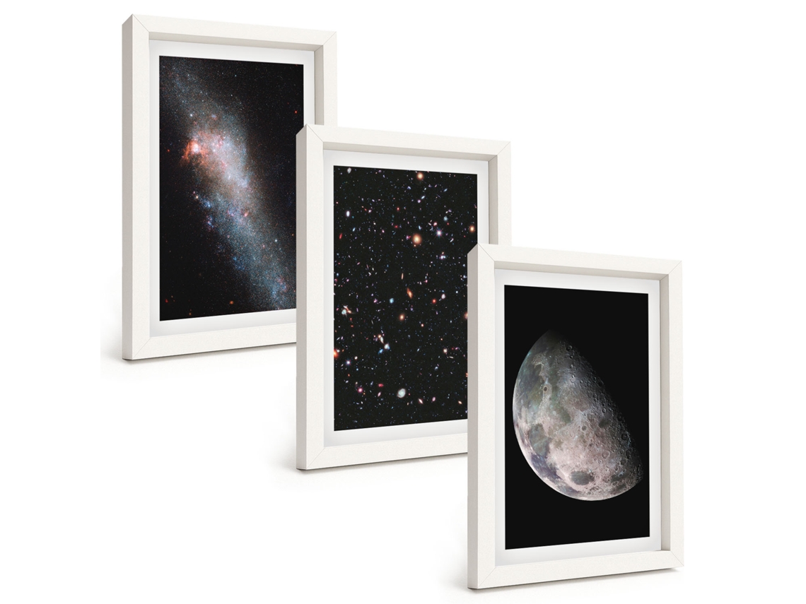 Composição De Quadros Espaço, Galáxia, Estrelas E Lua Espelharte (3 Peças 20x30 Cm)