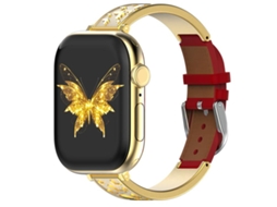 Bracelete Para Apple Watch 46/49/45/44mm - Híbrida Butterfly: Aço Inoxidável E Couro Genuíno Dourada + Vermelha