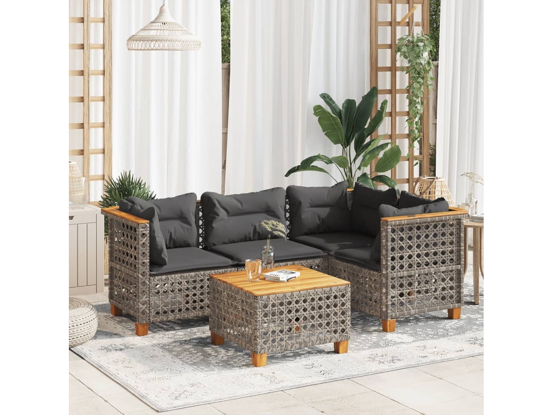 Vidaxl 5 Pcs Conjunto Sofás De Jardim C/ Almofadões Vime Pe Cinzento