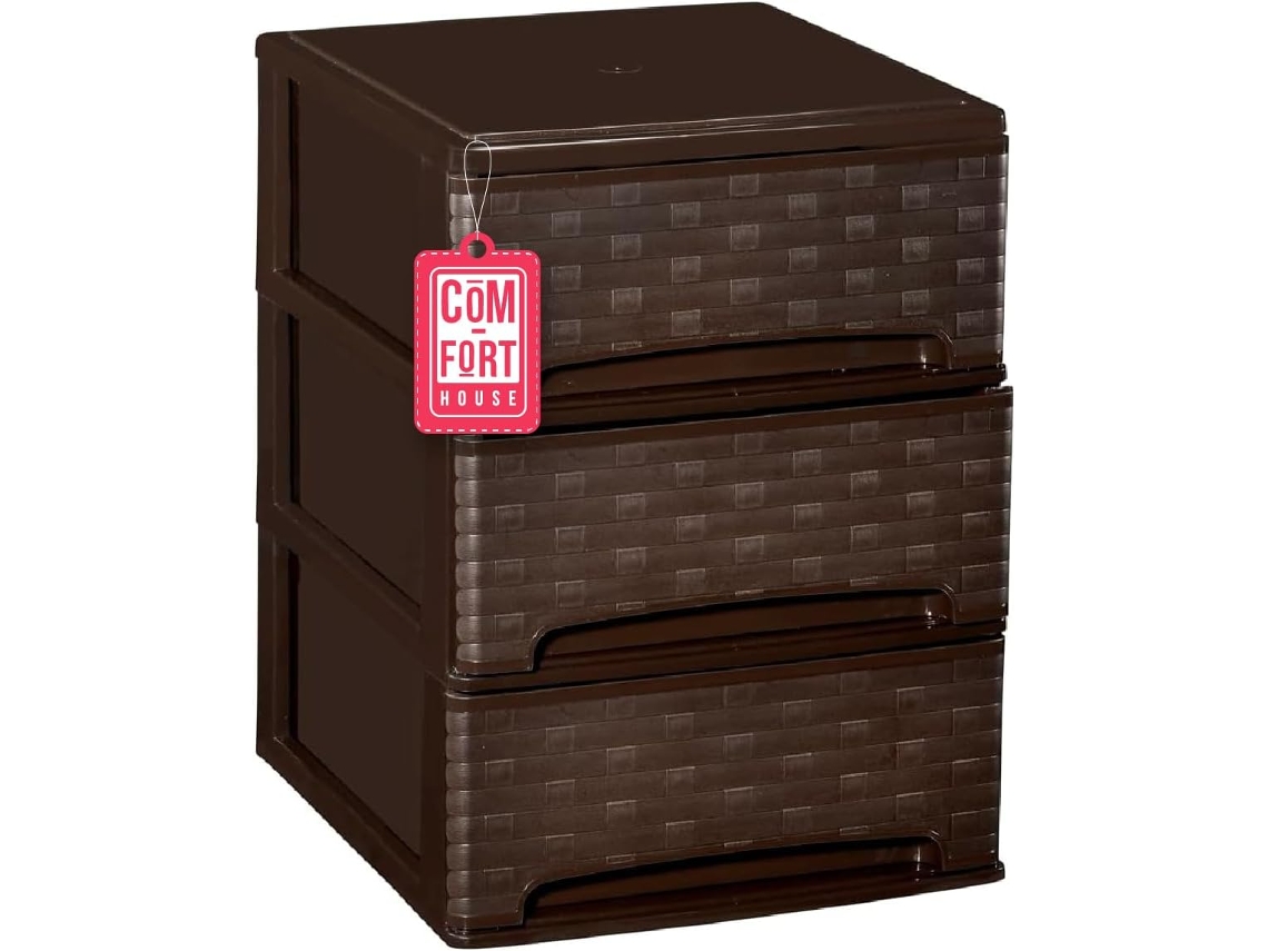 CASA COM-FORT | Cajonera de plástico empilhável | Modelo de bambu | Cor Wengué | Modelo 3 Cajones | Caixas de armazenamento modulares
