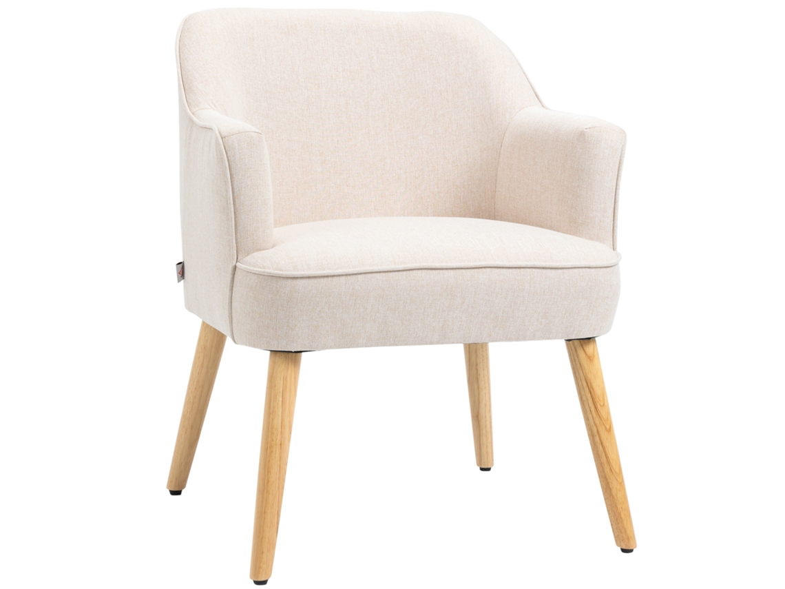 Poltrona Estilo Nórdico Estofada - Creme - 64,5x65x79,5 Cm - Em Linho Com Pés De Madeira Para Dormitório Escritório Estúdio