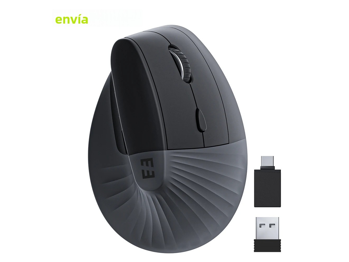 Mouse Vertical Sem Fio (preto), Recarregável, Com Receptor 2 Em 1 Usb E Tipo C.