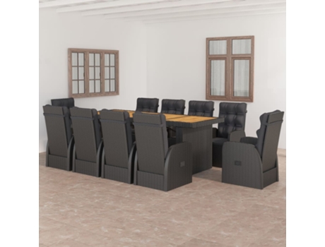 11 Pcs Conjunto Jantar Exterior com Almofadas Vime Pe Preto COMFORTXL