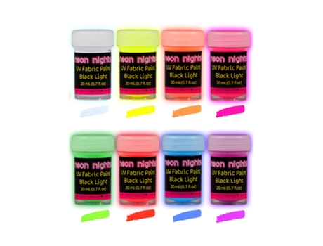 Tintas Neon Para Tecido E Roupas Neon Nights, Cores Fluorescentes Com Efeito De Brilho Sob Luz Negra, Conjunto De 8 X 20 Ml De Tinta Uv