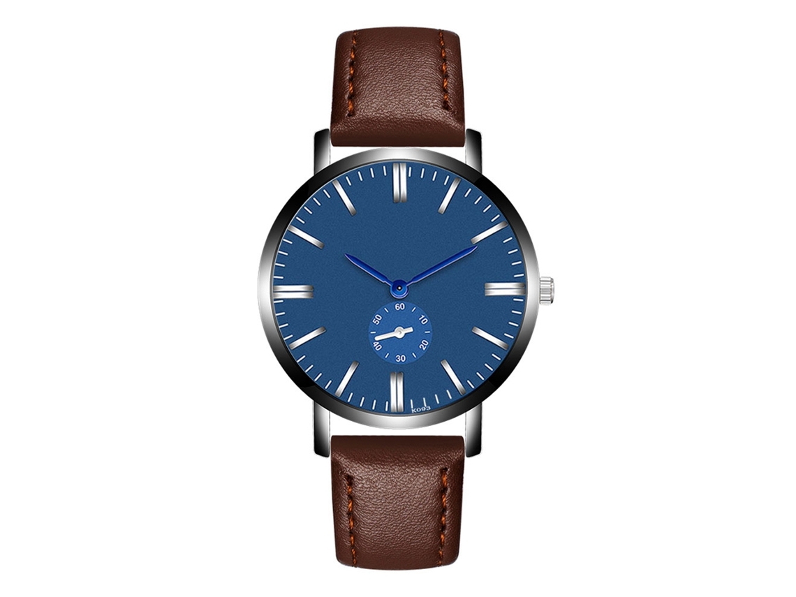 Relógio masculino de quartzo com pulseira de couro PU, mostrador azul com padrão, Zhoulianfa marrom escuro.