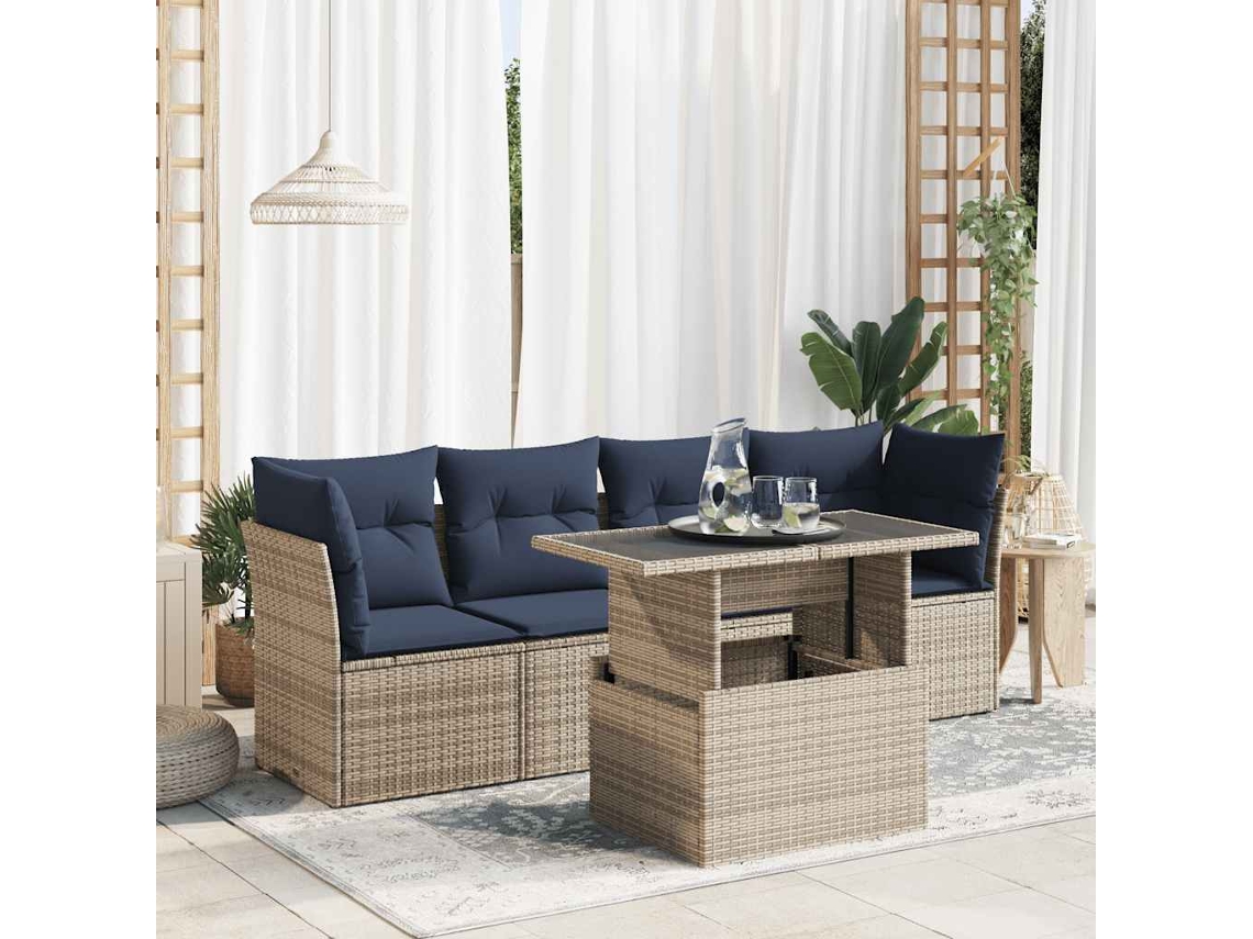 Vidaxl 5 Pcs Conjunto Sofás De Jardim C/ Almofadões Acácia E Vime Pe