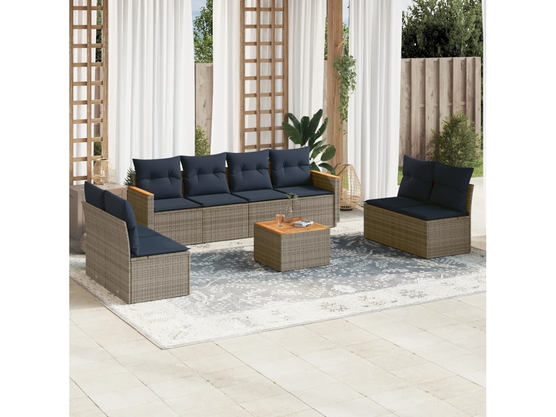 Conjunto de Sofá de Jardim com 9 Peças e Almofadas em Rattan Sintético Preto VIDAXL