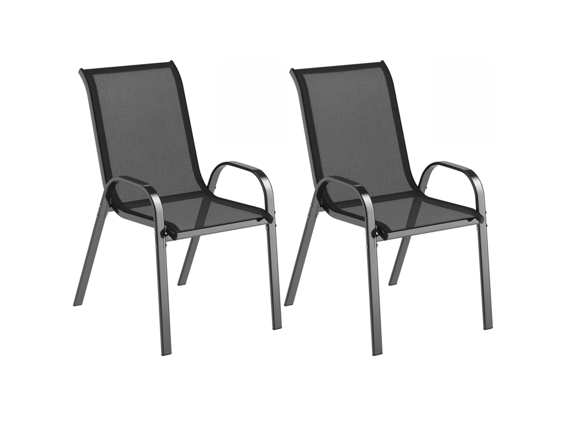 Conjunto de 2 cadeiras de jardim empilháveis com encosto alto tecido respirável estrutura de aço 54x71x93cm preto | S/MARCA