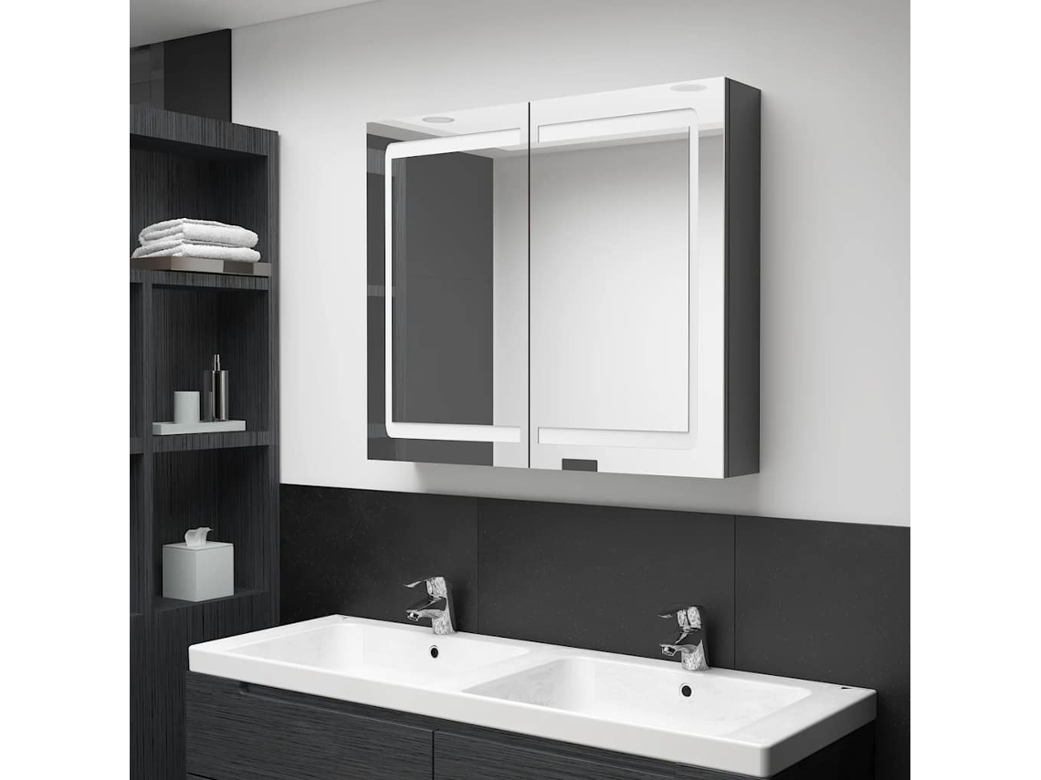 Vidaxl Armário Espelhado Casa De Banho Led 80x12x68 Cm Cinza Brilhante