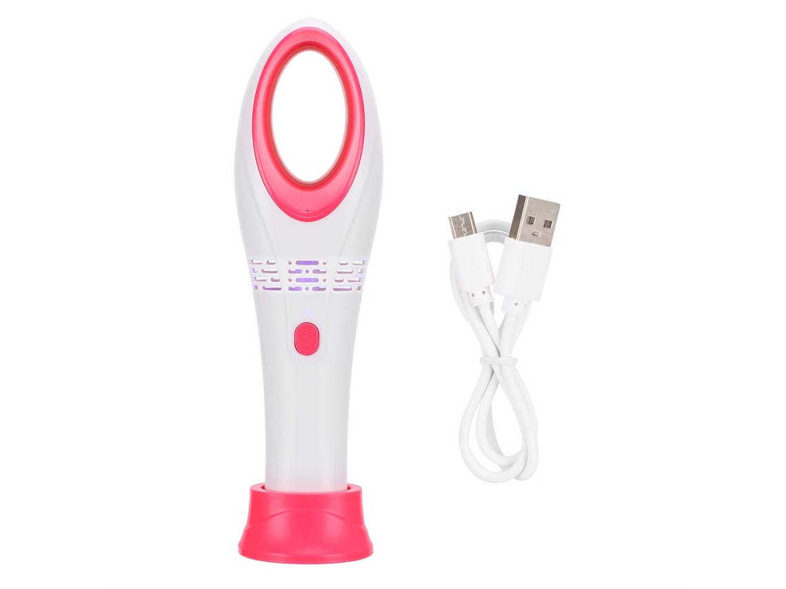 Mini ventilador USB sem lâminas para secador de cílios nas cores vermelho e branco.