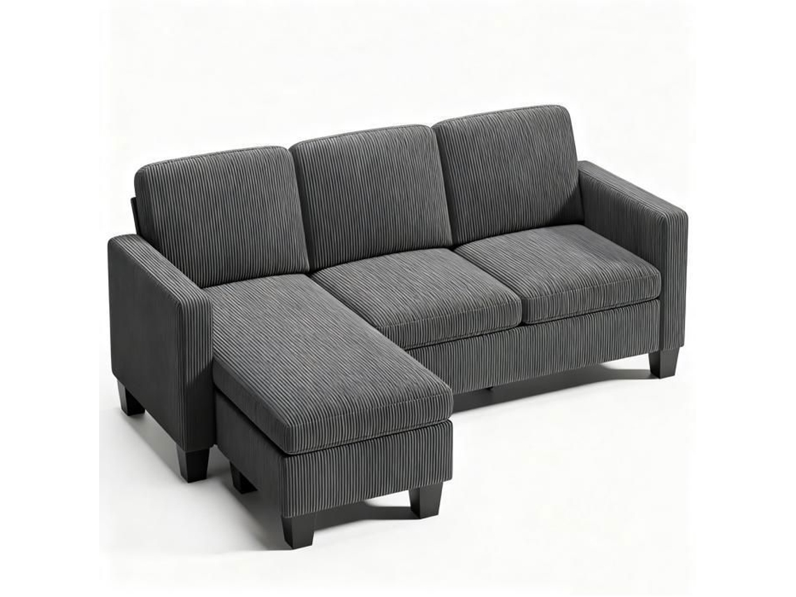 Sofá De Canto Reversível - Veludo Canelado Cinza - 3 A 4 Lugares - 188 X 136,5 X 89 Cm