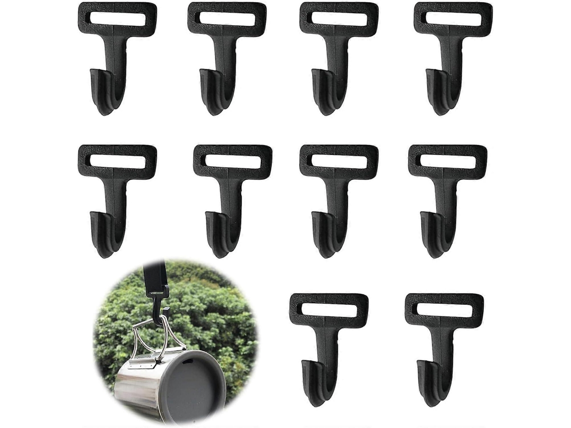 Conjunto de 10 Ganchos Multifuncionais Pretos para Barraca, Tensão Corda Plástico Toldo Camping e Lona. AQUAFORGE