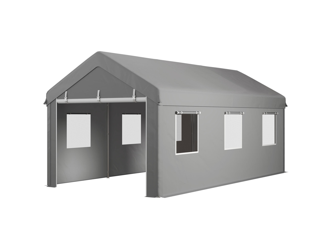 Tenda Garagem 295x600x278 Cm De Exterior Resistente Com 2 Portas Enroláveis E 6 Janelas Cinzento