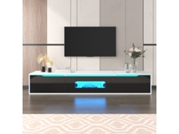 Móvel de TV KOMHTOM, 180x35x30 cm, portas ranhuradas, LED 16 cores, frente laqueada, preto brilhante