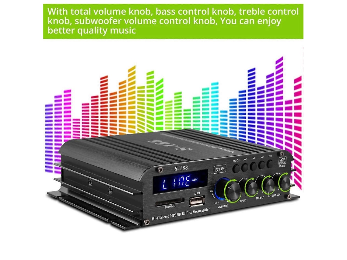 Amplificador Estéreo Hifi Bluetooth S-188 De 90 W, 2.1 Canais, Com Controle De Graves E Agudos, Reprodutor De Música.