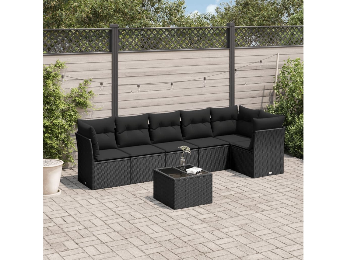 Vidaxl 7 Pcs Conjunto De Sofás P/ Jardim C/ Almofadões Vime Pe Preto