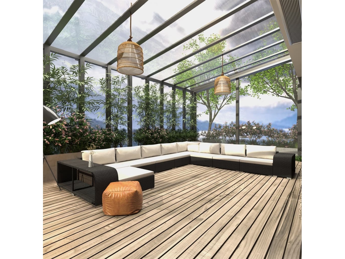 Vidaxl 11 Pcs Conjunto Lounge De Jardim C/ Almofadões Vime Pe Preto