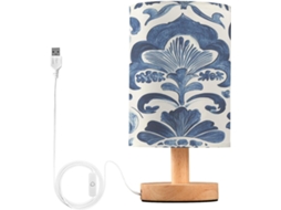 Abajur De Cabeceira Azul E Branco Com Estampa, Portas De Carregaje USB C, Luminária De Mesa Cabeceira, Luminária De