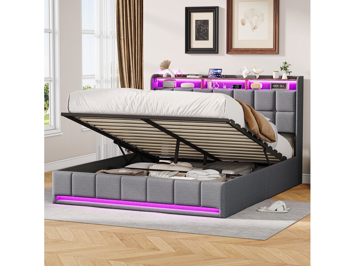 Cama Casal Grande 160x200cm Cinza Linho Com Arrumação Hidráulica, Cabeceira Led Rgb E Carregamento Usb/type-c Premium Design