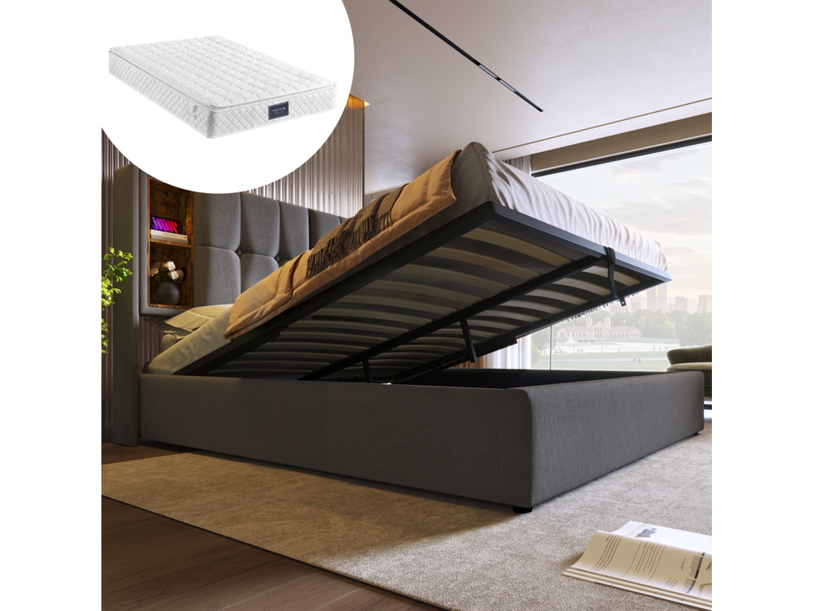 Cama 160x200cm algodão com elevação hidráulica, carregador sem fio usb c, gavetas embutidas, colchão incluso, cinza KOMHTOM
