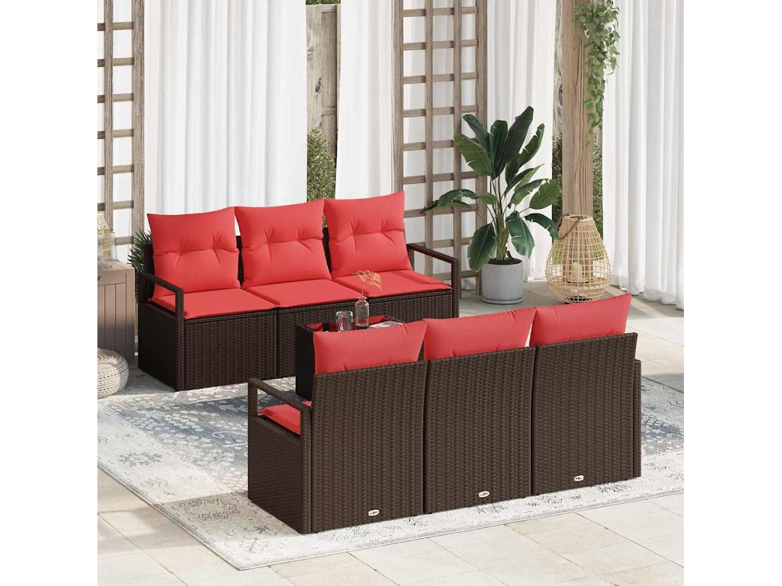 Vidaxl Conjunto De Sofás Com Almofada 7 Pcs Marrom E Vermelho Vime Pe