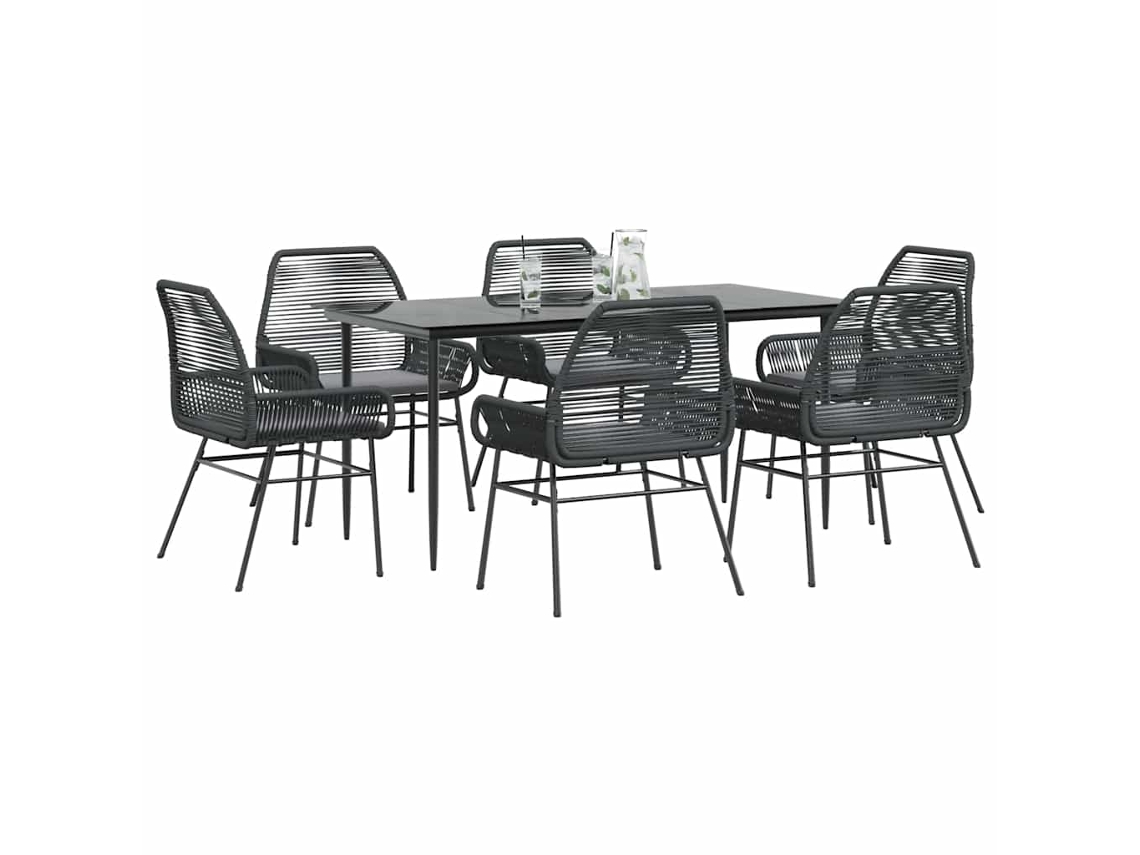 Vidaxl Conjunto De Jantar Jardim 7 Peças Almofadas Vidro Vime Pe Preto