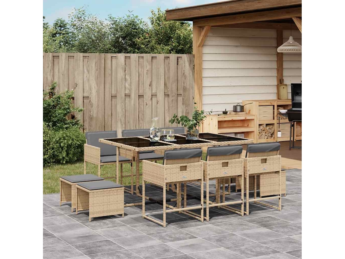 Vidaxl 11 Pcs Conj. Jantar Jardim C/ Almofadões Vime Pe Bege Misturado