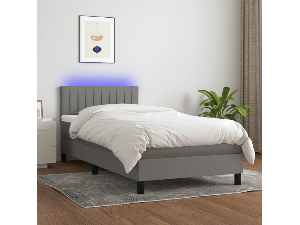 Vidaxl Cama Box Spring C/ Colchão E Led 90x190 Cm Tecido Cinza-escuro