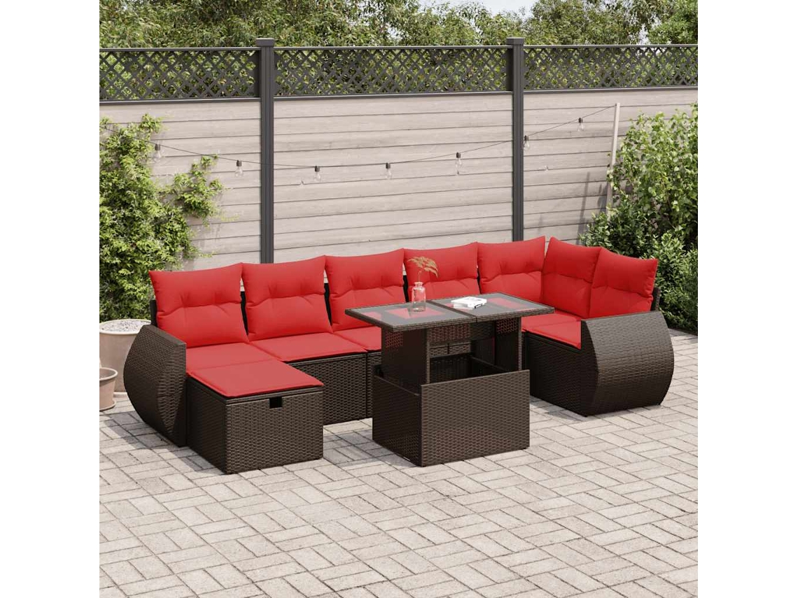 Vidaxl 8 Pcs Conjunto Sofás Jardim Com Almofadões Vime Pe/acácia Castanho