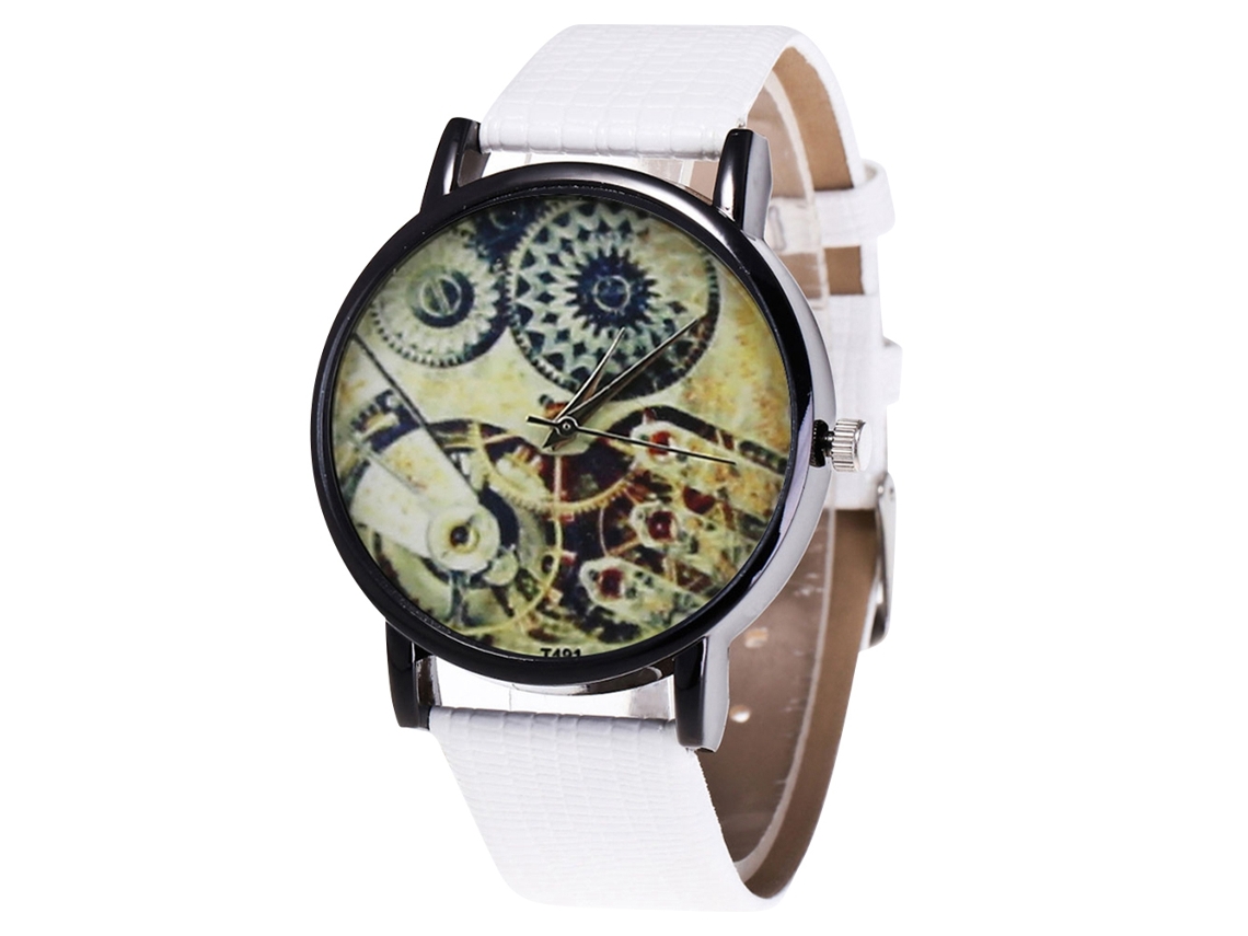 Relógio de quartzo com pulseira de couro PU, mostrador redondo moderno para casais (branco)