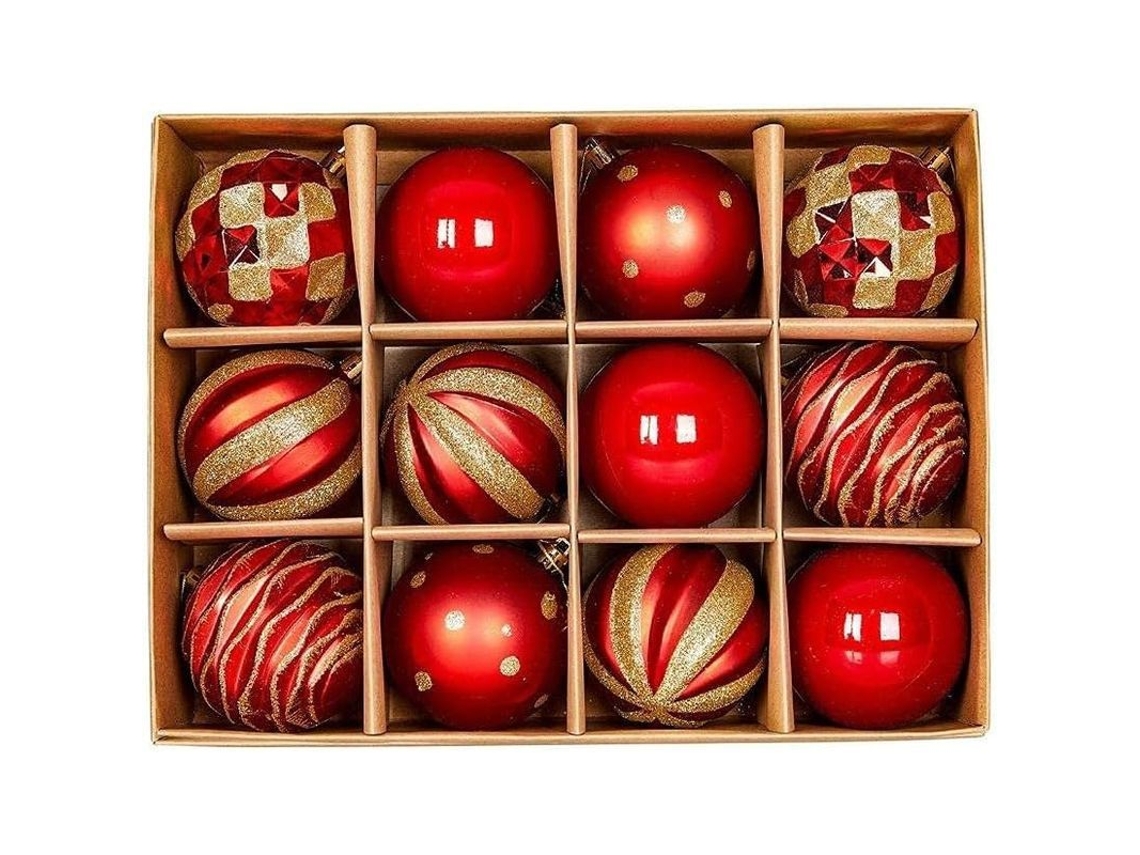 Conjunto De 12 Bolas De Navidad De Plástico Rojo 6cm Para Decorar Árbol Y Hogar