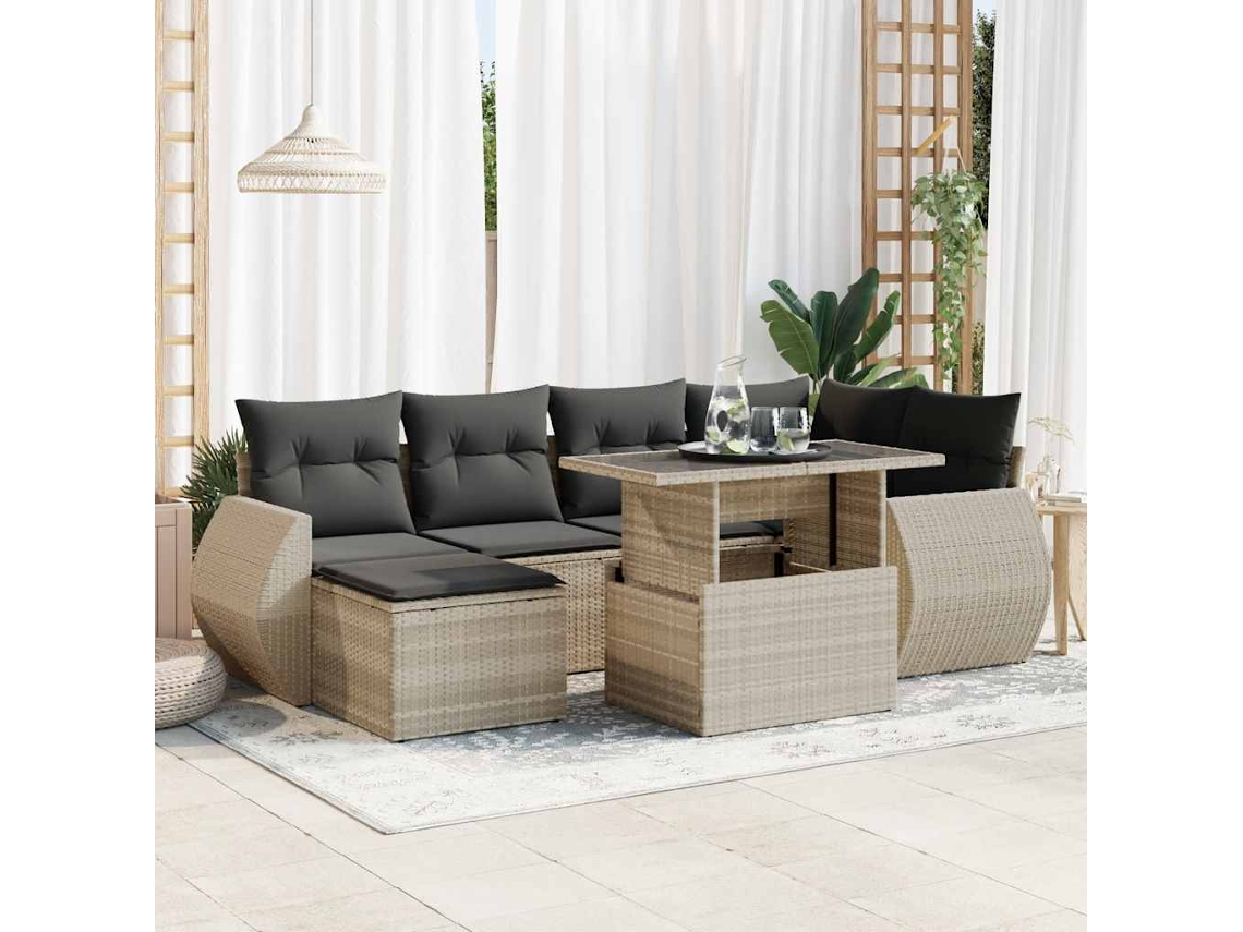 Vidaxl 7 Pcs Conj. Sofás Jardim Com Almofadões Vime Pe Cinzento-claro