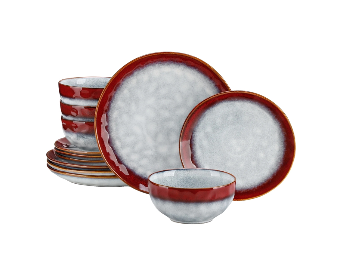 Conjunto De Louças De Cerâmica Vermelha, Design Elegante, Seguro Para Micro-ondas, 12 Peças