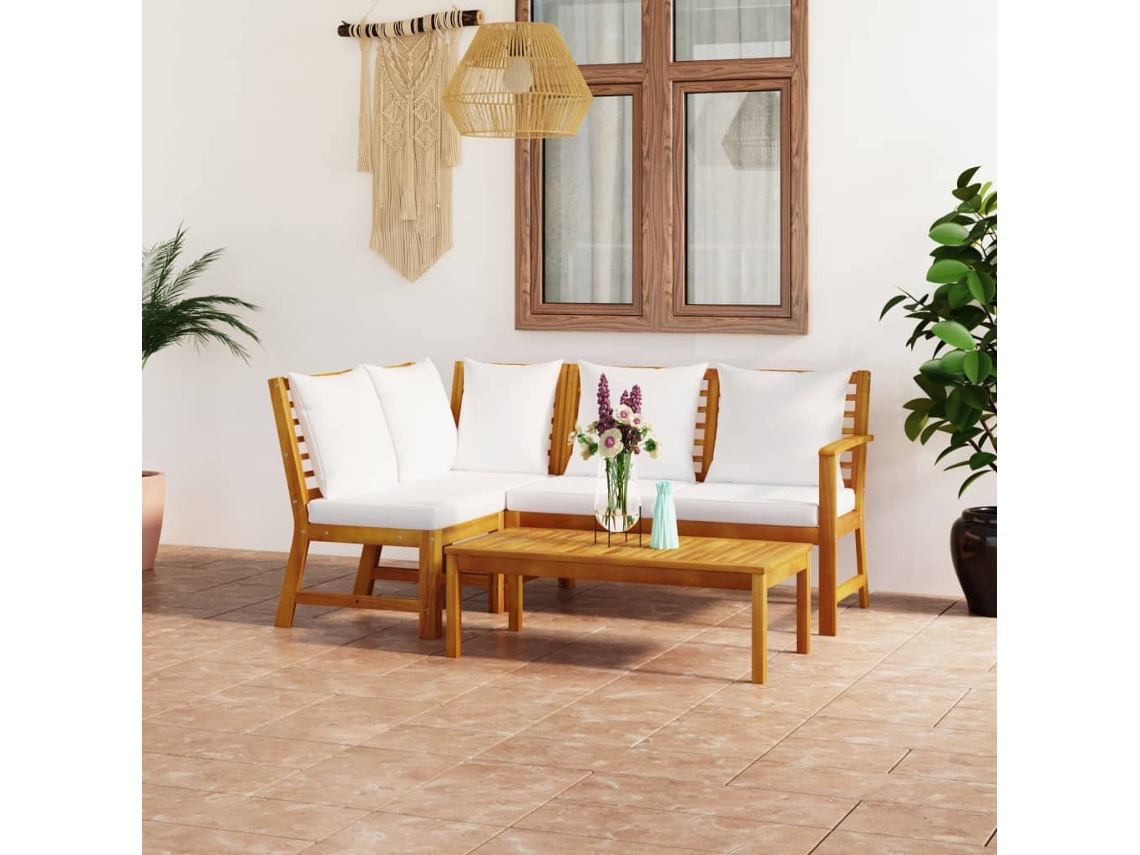 Vidaxl 4 Pcs Conj. Lounge Jardim C/ Almofadões Cor Creme Acácia Maciça