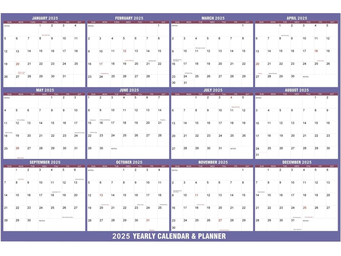 Calendário de Parede 2025, a Dezembro Anual, Mensal CHABERLU
