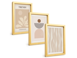 Conjunto De Pinturasabstrato Elegante Em Bege Moldura Dourada Quadros Para A Sala De Estar Espelharte (3 Peças 20x30 Cm)