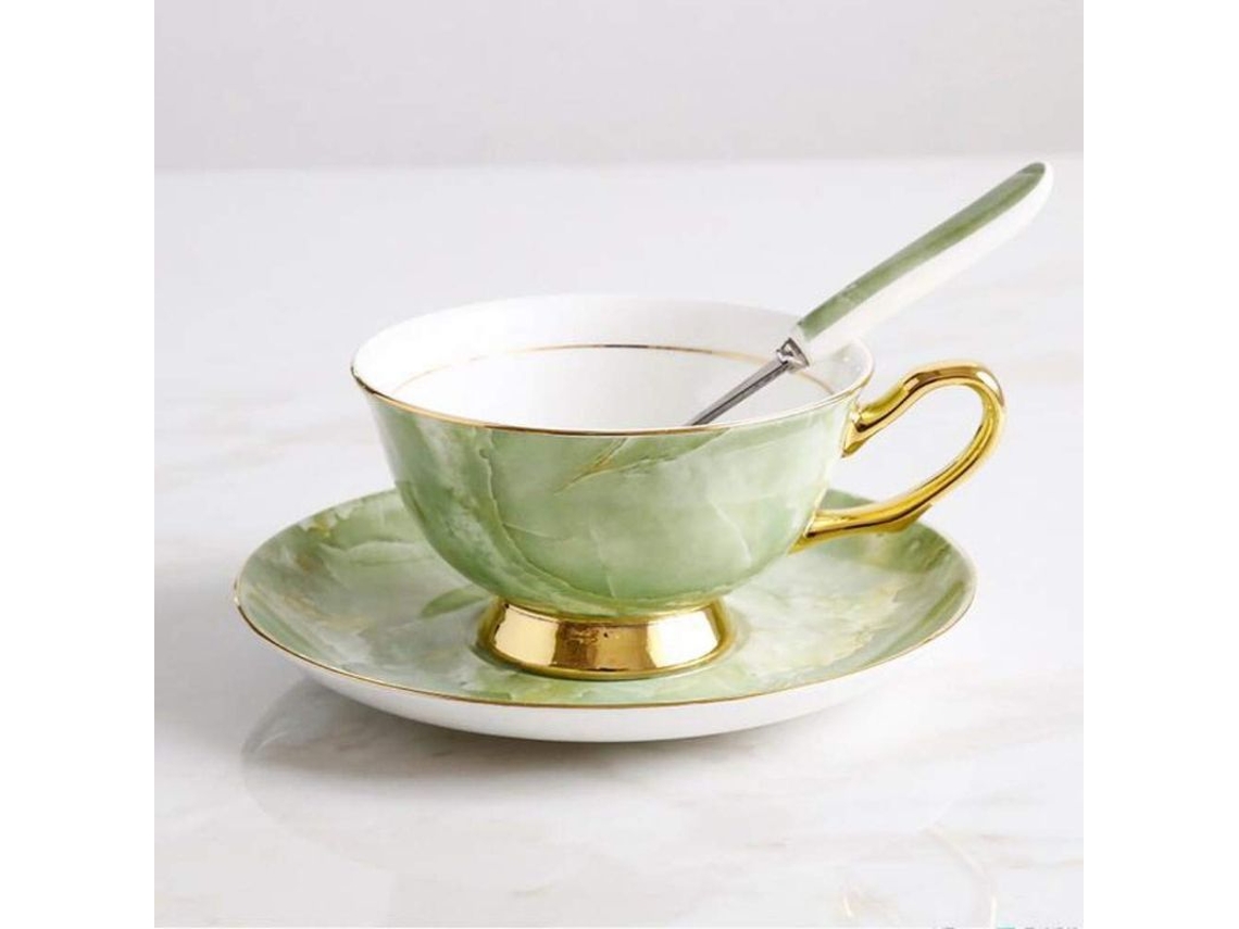 Rebe set de Xícaras de Café e Chá de Porcelana Óssea Verde Ouro, Cerâmica Europeia, Sem Chumbo Nem Cádmio