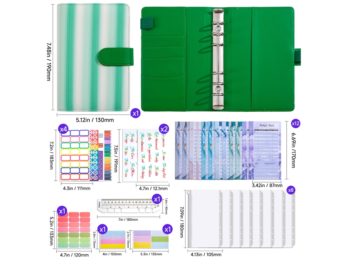Aesthetic Fresh Loose Leaf Notebook, Eco Friendly Cover, Ruled Grid Refills Deluxe Gift Set Rainbow Stripe Mint Green To