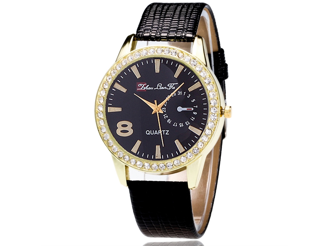 Relógio de Pulso Feminino de Quartzo com Pulseira de Couro Pu Estilo Simples e Elegante com Strass