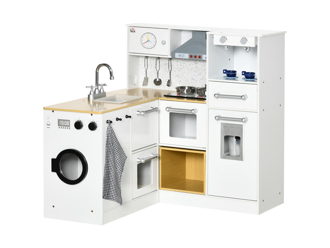 Cozinha Infantil de Madeira Branca (com Luz, Sons, Máquina de Café, Frigorífico, Lavatório)